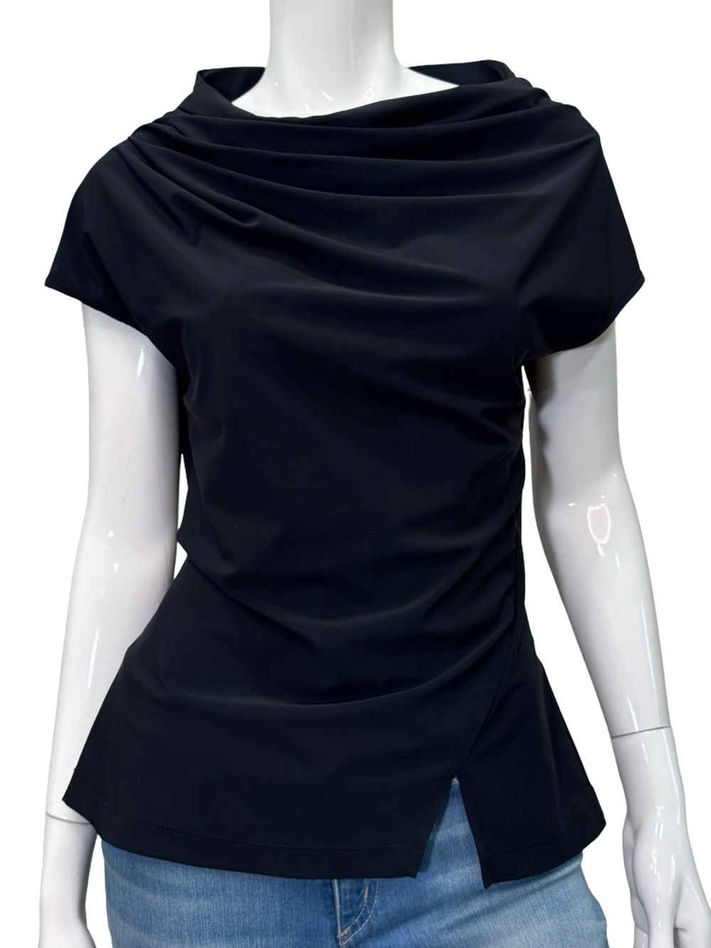 PORTO SAN FRANCISCO Black Draped Cowl Neck Stretch Top Size 2 Lagenlook